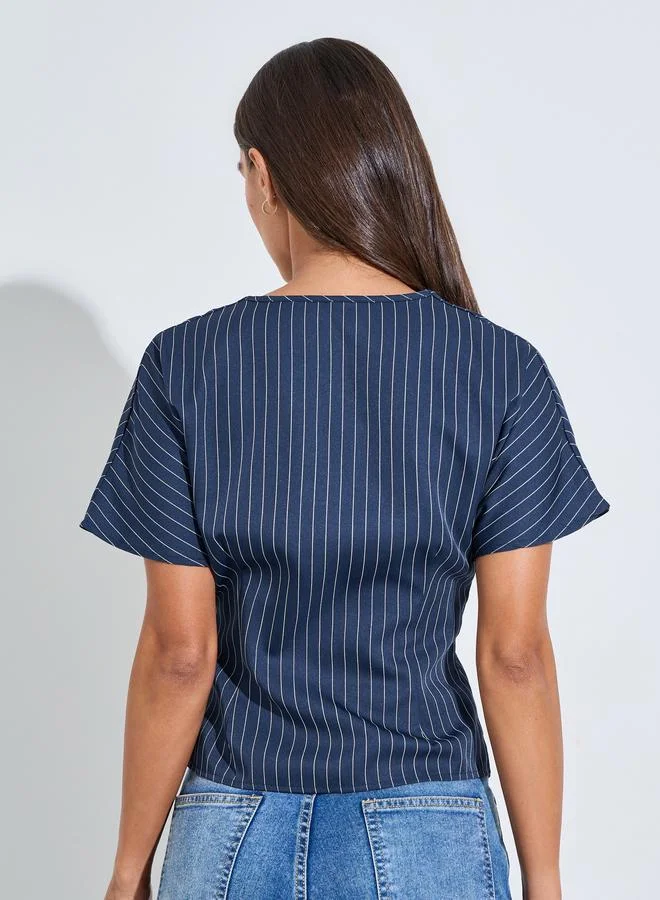Styli  Navy Blue Striped Asymmetric Hem Knit Top with Button Front for Women | Best Price UAE