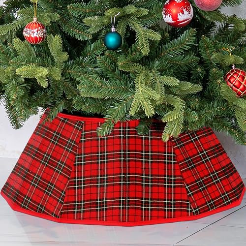 Blissun Fabric Christmas Tree Collar Skirt Willow Tree Ring for Christmas Decorations Red Black Plaid - Image 1