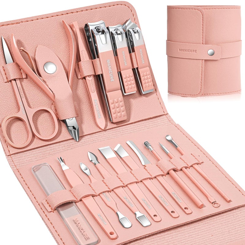 Manicure Set Professional Nail Clippers Pedicure Kit 16 pcs Stainless Steel Nail Care Tools Grooming Kit with Luxurious Travel Leather Case for Thick Nails Men Women Gift Pink