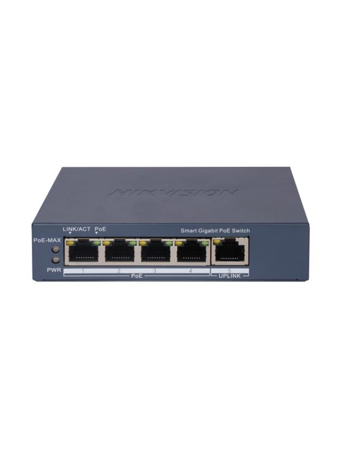 DS-3E1505P-EI 4-Port Gigabit Smart PoE Switch with 60W Power Budget, 1 Gigabit RJ45 Port, 300m Long Range PoE, 6KV Surge Protection, VLAN, PoE Watchdog, Loop Prevention, 802.1Q Support, Metal Shell, Wall-Mountable Blue