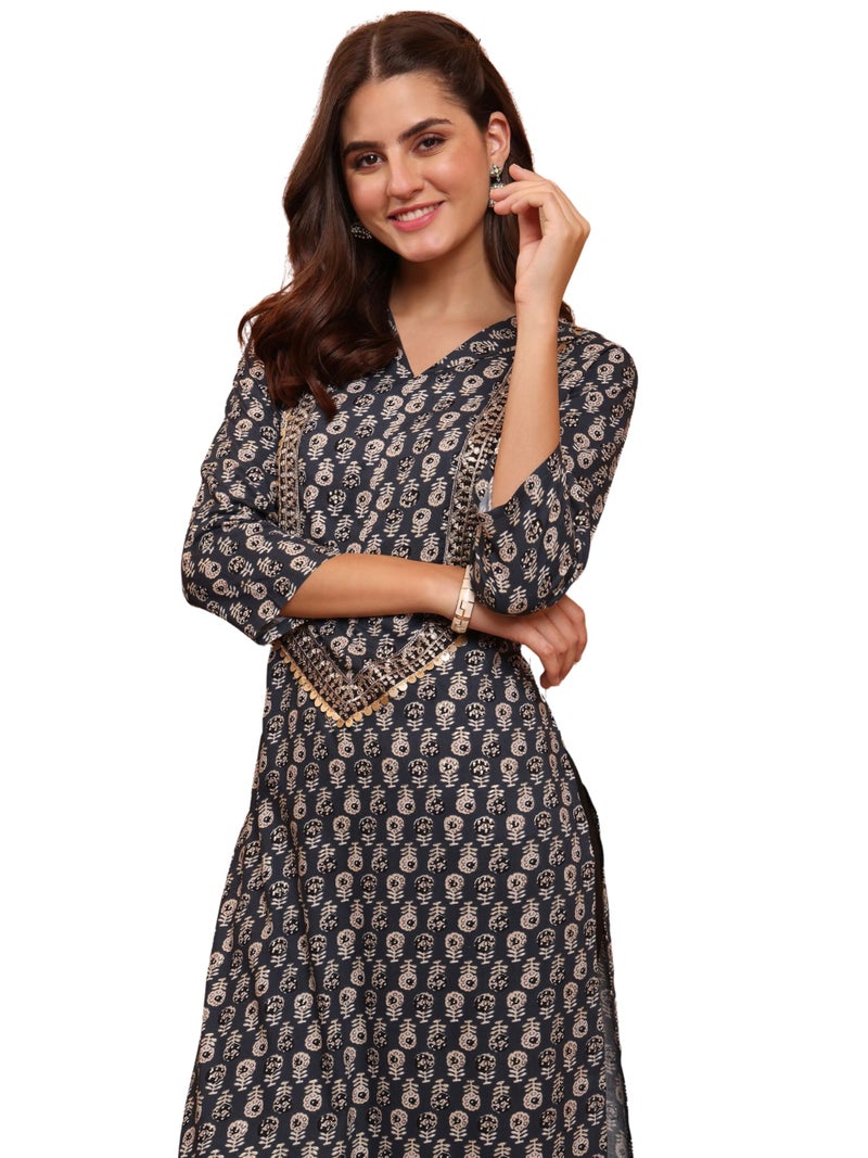 EthnicJunction Women's Rayon Ajrak Print and Yoke Embroidery Straight Kurta Grey - Image 1