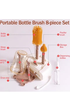 Rightsure Portable Travel Bottle Cleaning Set, 8 Pieces Silicone Baby Bottle Cleaning Brush Set with Baby Bottle Brush Straw Brush for Cleaning, Soap Dispenser and Storage Box, Drain Tray  - Image 2