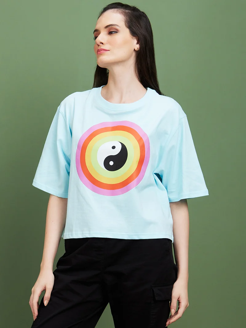 globus Women Blue Graphic Printed Round Neck Cotton Boxy Casual T-Shirt