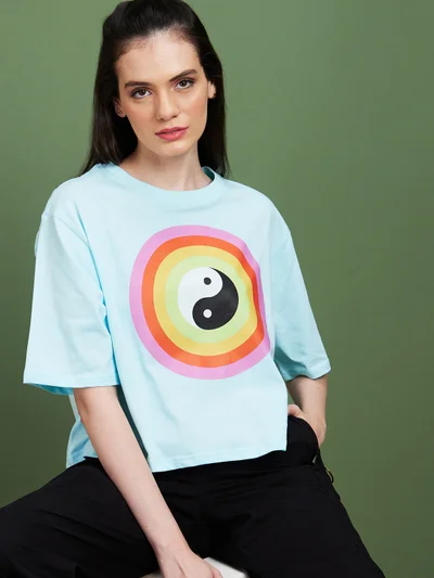 globus Globus Women Blue Graphic Printed Round Neck Cotton Boxy Casual T-Shirt