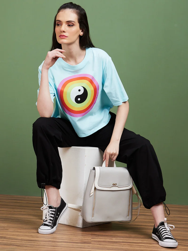 globus Globus Women Blue Graphic Printed Round Neck Cotton Boxy Casual T-Shirt