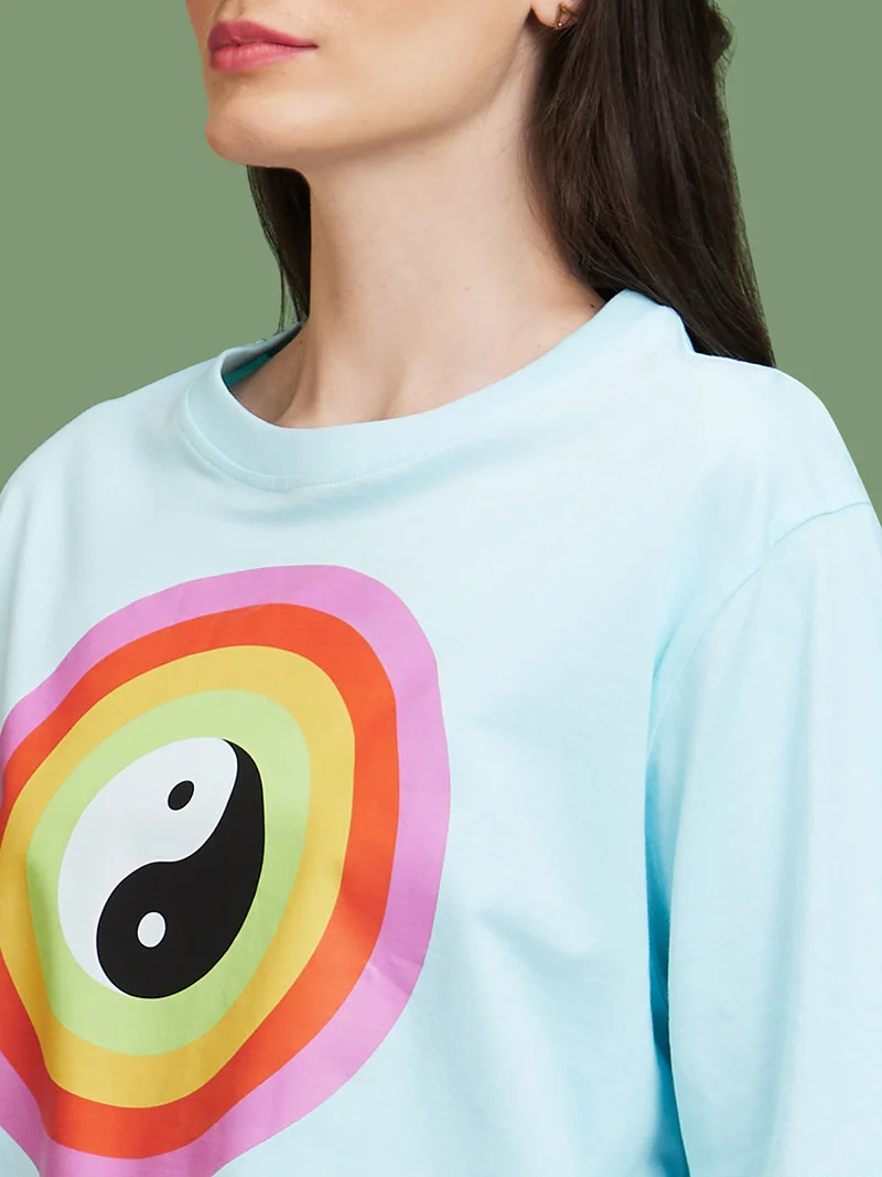 globus Globus Women Blue Graphic Printed Round Neck Cotton Boxy Casual T-Shirt