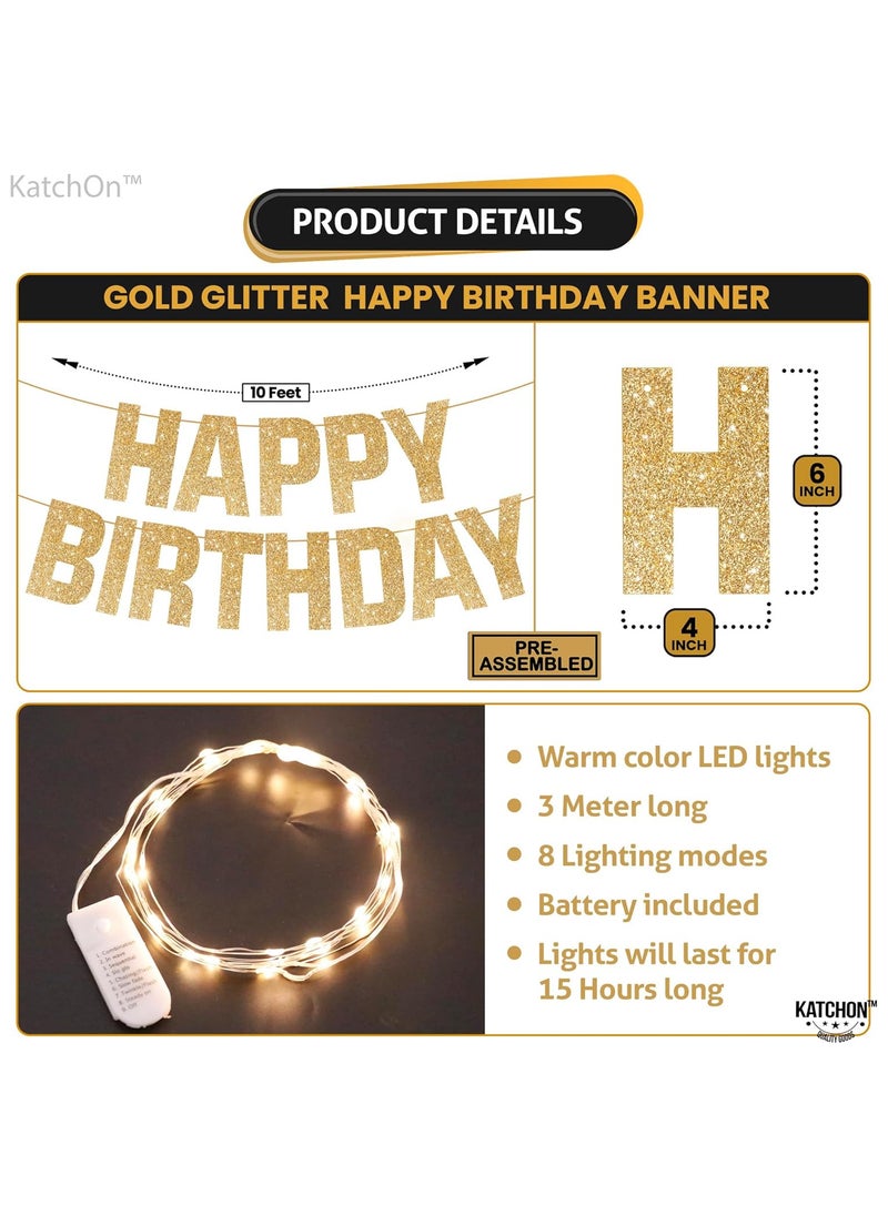 KATCHON - Light Up Happy Birthday Banner - 10 Feet | Glitter Gold Birthday Party Banner - Image 1