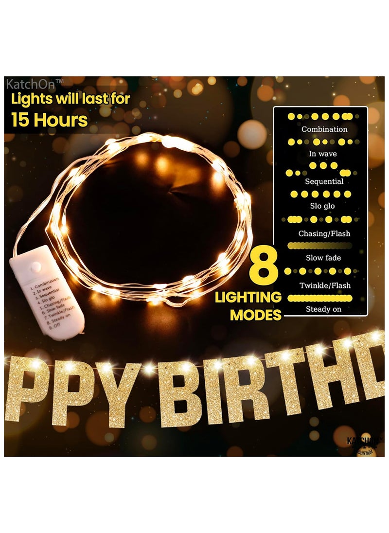 KATCHON - Light Up Happy Birthday Banner - 10 Feet | Glitter Gold Birthday Party Banner - Image 1