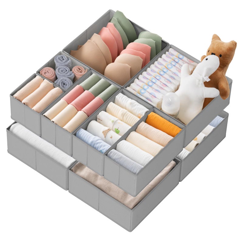 Criusia Drawer Organizer Clothes, 10 Pack Dresser Organizer for Baby Clothes, Underwear, Sock- Foldable Closet Organization and Storage Dividers Bins for Nursery, Bedroom (Grey) - Image 1
