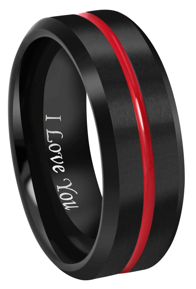 CROWNAL 8mm Thin Red Groove Black Brushed Tungsten Carbide Wedding Band Ring Comfort Fit Engraved I Love You Size 5 To 17 (8mm,10) - Image 1