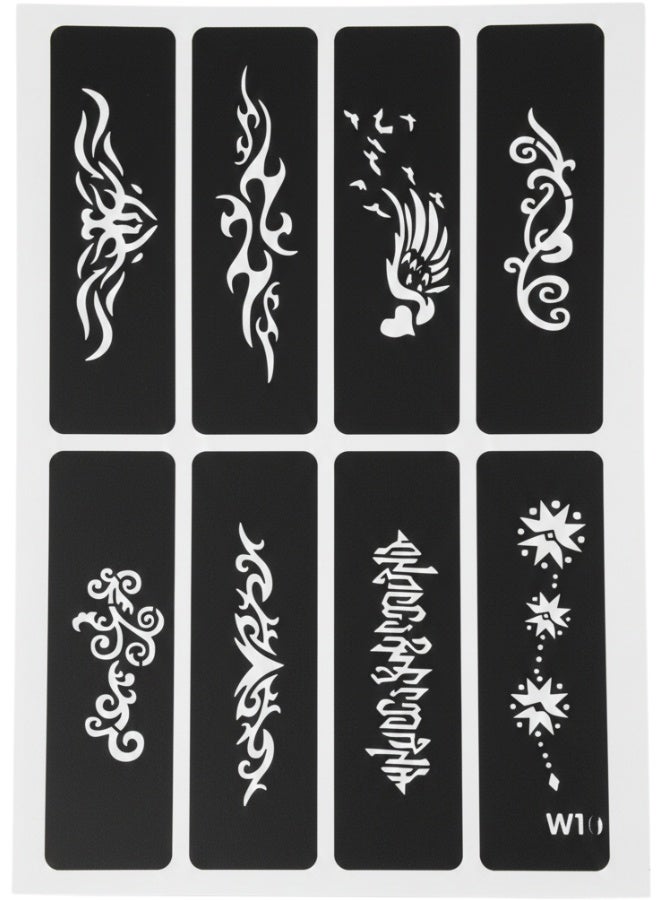 ورقة استنسل حناء وتاتو مؤقت، شيت تصميمات نقش حناء جاهزة، استنسل جلد لتاتو مؤقت ورسم الجسم، ملصقات لاصقة سهلة الاستخدام للرسم على اليد والقدم والجسم والفنون الإبداعية، مثالية للمبتدئين والمحترفين، استخدام مع صبغة الحناء أو الجاجوا أو رشاش الألوان، استنسل متعدد الاستخدامات للرسم على الدواتر والهواتف والأسطح الصغيرة - Image 1