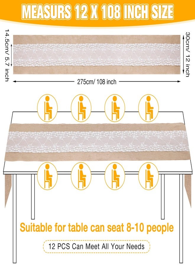 Chumia 12 Pcs 12 x 108 Inch Wedding Burlap Table Runners with White Lace Rustic Runner Decor Vintage Romantic Table Cloth Party Favors for Engagement Birthday Hotel Home Decor(Fresh Style) - Image 2