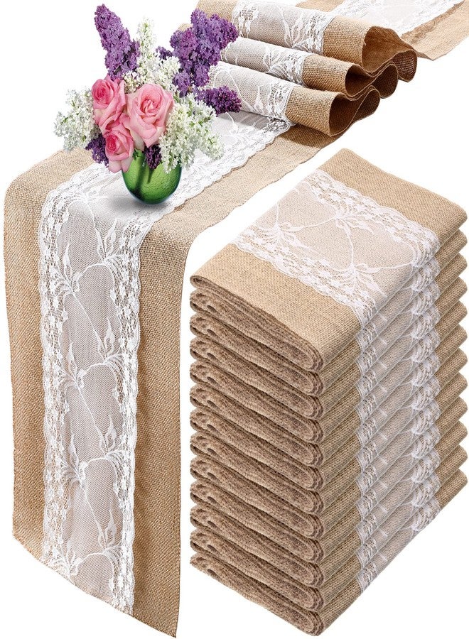Chumia 12 Pcs 12 x 108 Inch Wedding Burlap Table Runners with White Lace Rustic Runner Decor Vintage Romantic Table Cloth Party Favors for Engagement Birthday Hotel Home Decor(Fresh Style) - Image 1