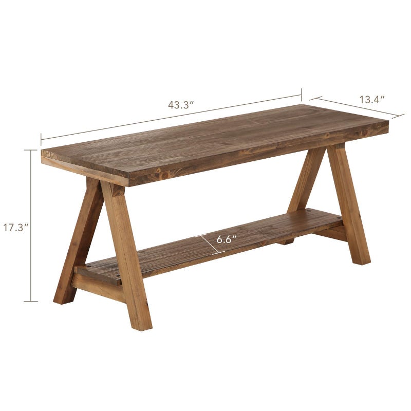 Wnutrees 43" Farmhouse Wood Bench, Long Rustic Indoor Storage Bench for Entryway, Living Room, Dining Room, Solid Wood Construction, Original Wood - Image 4