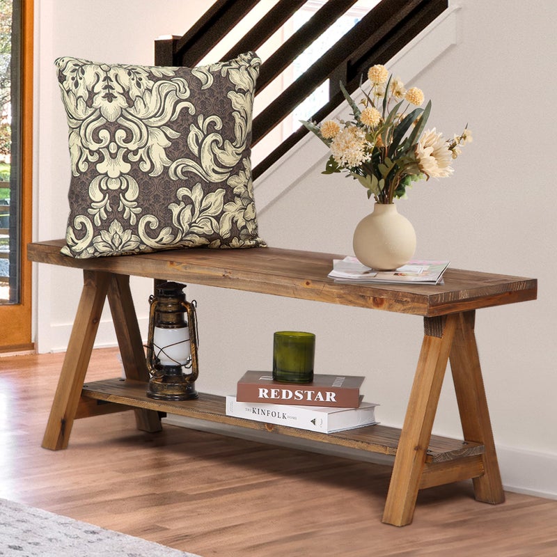 Wnutrees 43" Farmhouse Wood Bench, Long Rustic Indoor Storage Bench for Entryway, Living Room, Dining Room, Solid Wood Construction, Original Wood - Image 1