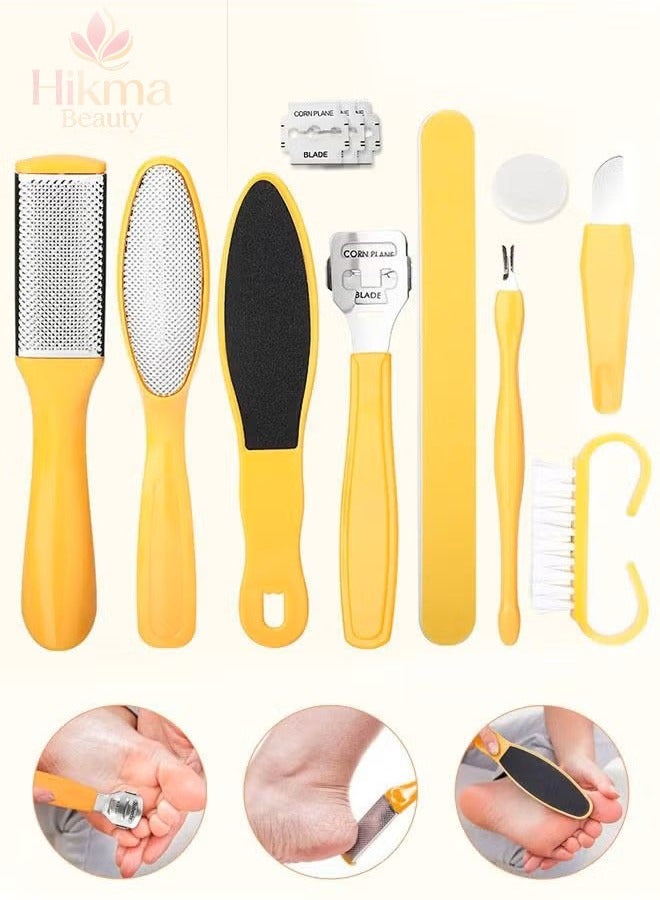 Hikma Beauty 10 Piece Professional Pedicure Foot Care Tool Set, Foot Rasp Dead Skin Remover Pedicure Kit (Yellow) - Image 1