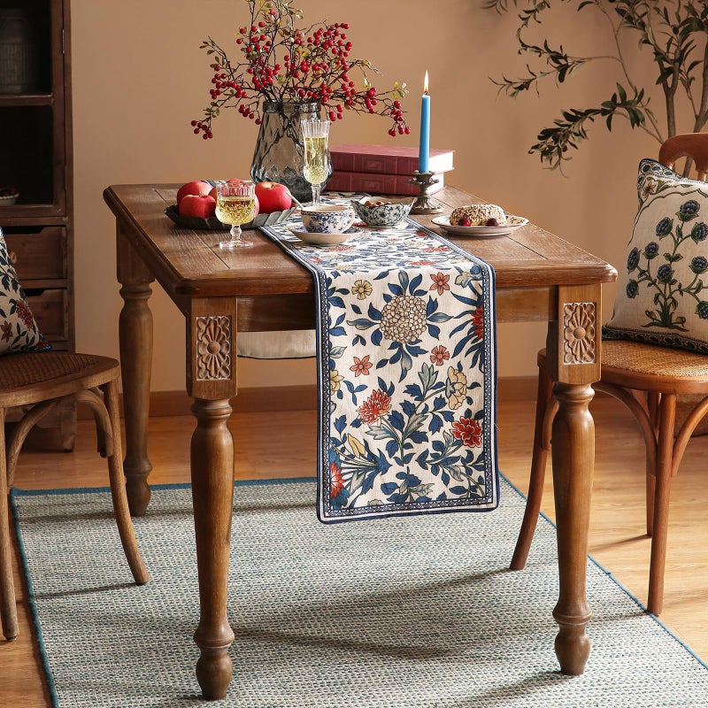 patdrea Designer Blue Cottage Rustic Floral Patterned Linen Table Runner 87 Inch Long,Wrinkle Resistant Table Mat,Decoration for Kitchen Dining and Coffee Tables Banquet Christmas , 12"x87" - Image 3