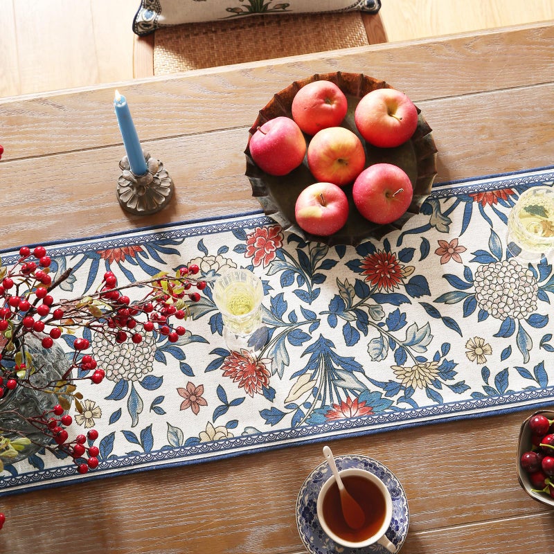 patdrea Designer Blue Cottage Rustic Floral Patterned Linen Table Runner 87 Inch Long,Wrinkle Resistant Table Mat,Decoration for Kitchen Dining and Coffee Tables Banquet Christmas , 12"x87" - Image 4