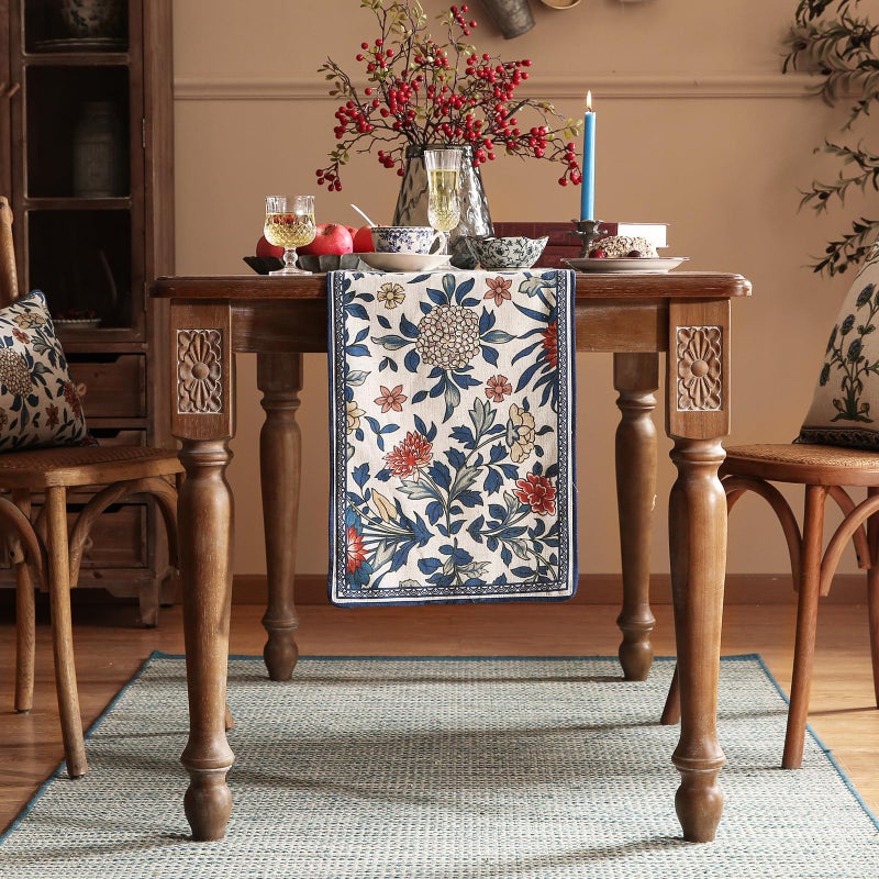 patdrea Designer Blue Cottage Rustic Floral Patterned Linen Table Runner 87 Inch Long,Wrinkle Resistant Table Mat,Decoration for Kitchen Dining and Coffee Tables Banquet Christmas , 12"x87" - Image 2