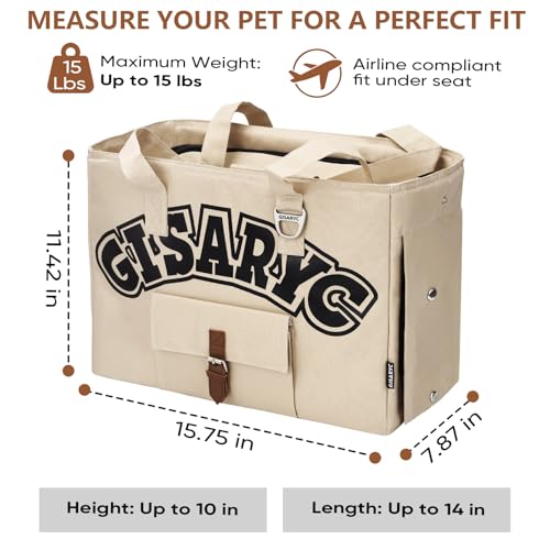 Gisaryc Dog Purse Carrier for Small Dogs, Cats and Puppies – Soft-Sided Foldable Pet Travel Bag with Multi Pockets, 3-Sided Mesh & Rollable Cover for Nervous Cats, Fits Pets up to 15 lbs (Beige) - Image 4