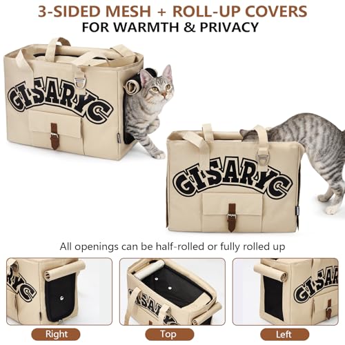 Gisaryc Dog Purse Carrier for Small Dogs, Cats and Puppies – Soft-Sided Foldable Pet Travel Bag with Multi Pockets, 3-Sided Mesh & Rollable Cover for Nervous Cats, Fits Pets up to 15 lbs (Beige) - Image 3