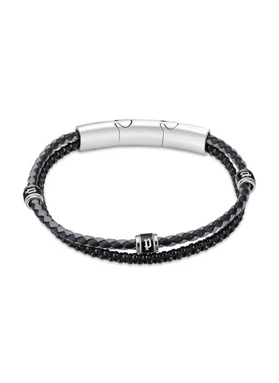 POLICE Twinrow BraceletDouble Row Black Leather and Cord with Stainless Steel P LogoBold and Iconic Men's Style