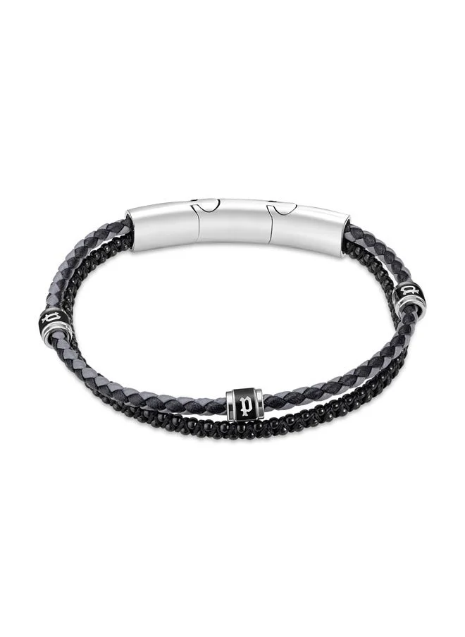 بوليس Twinrow BraceletDouble Row Black Leather and Cord with Stainless Steel P LogoBold and Iconic Men's Style