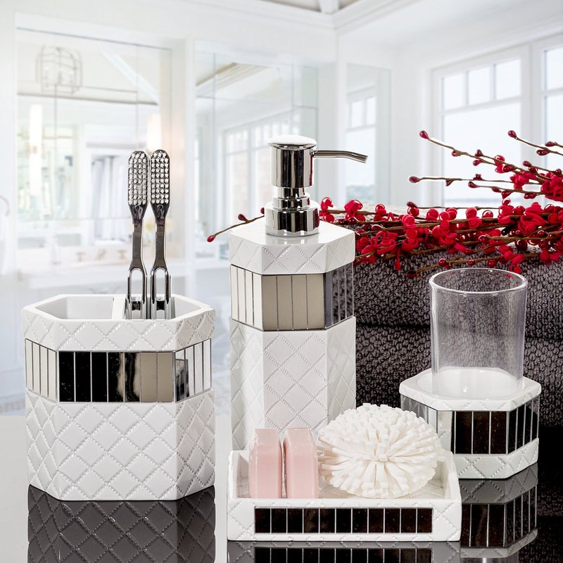 Creative Scents Quilted Mirror White Bathroom Accessories Set - Decorative 4 Piece Bathroom Set - Mirrored Bathroom Accessory Set Includes: Soap Dispenser, Toothbrush Holder, Tumbler & Soap Dish - Image 2
