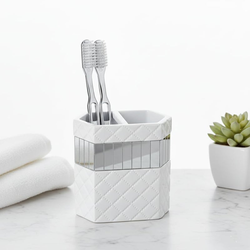 Creative Scents Quilted Mirror White Bathroom Accessories Set - Decorative 4 Piece Bathroom Set - Mirrored Bathroom Accessory Set Includes: Soap Dispenser, Toothbrush Holder, Tumbler & Soap Dish - Image 4