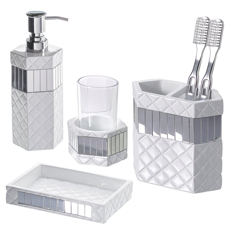 Creative Scents Quilted Mirror White Bathroom Accessories Set - Decorative 4 Piece Bathroom Set - Mirrored Bathroom Accessory Set Includes: Soap Dispenser, Toothbrush Holder, Tumbler & Soap Dish - Image 1