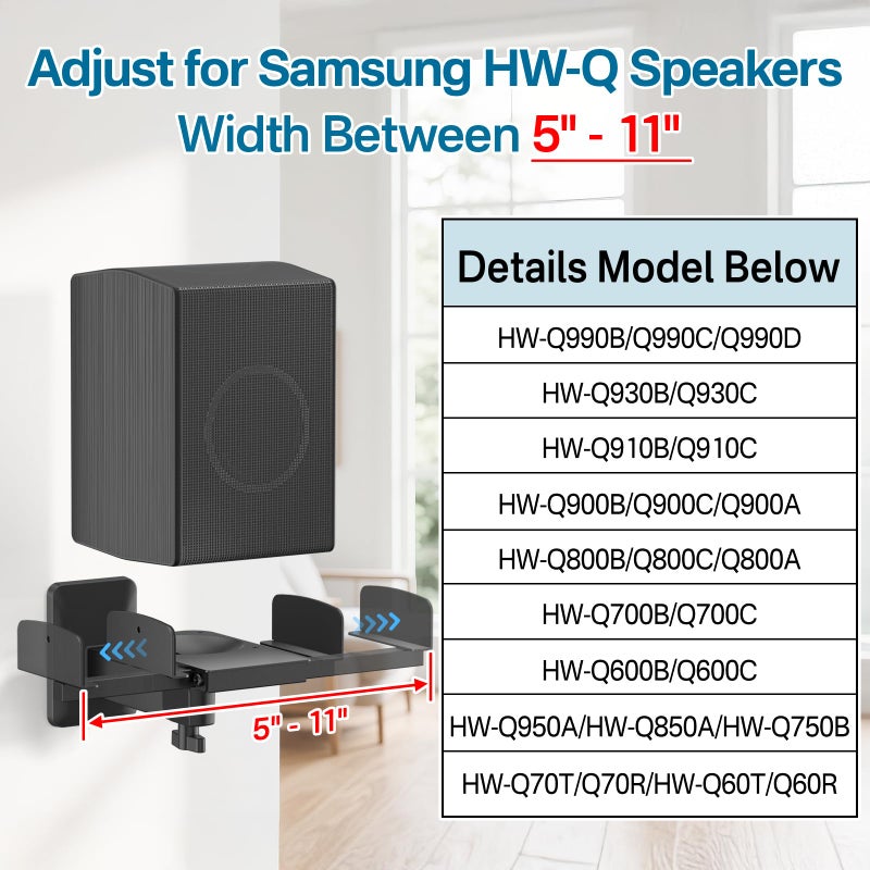 Yibracki Speaker Wall Mounts for Samsung HW-Q Speakers - Adjustable Dual Side Clamp SWA-9500s Rear Speaker Mount for HW-Q990D/Q990F/Q990C/Q930C/Q900C More 5â€“11" Surround Speakers WR Cable Ties Hold Up to 55LBS - Image 2