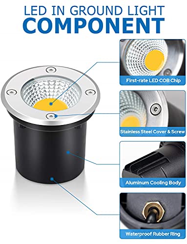 SUNVIE Low Voltage Landscape Well Lights with Wire Connectors, 12W LED, IP67 Waterproof Outdoor In-Ground Garden Lights 12V-24V Warm White for Pathway Driveway Deck (10 Pack & Connectors) - Image 4