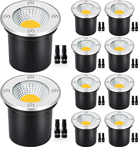 SUNVIE Low Voltage Landscape Well Lights with Wire Connectors, 12W LED, IP67 Waterproof Outdoor In-Ground Garden Lights 12V-24V Warm White for Pathway Driveway Deck (10 Pack & Connectors) - Image 1