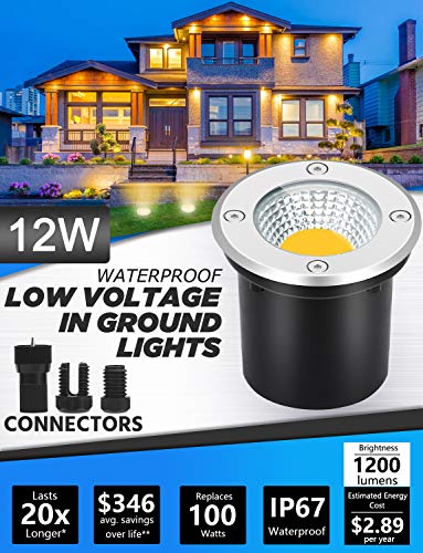 SUNVIE Low Voltage Landscape Well Lights with Wire Connectors, 12W LED, IP67 Waterproof Outdoor In-Ground Garden Lights 12V-24V Warm White for Pathway Driveway Deck (10 Pack & Connectors) - Image 2