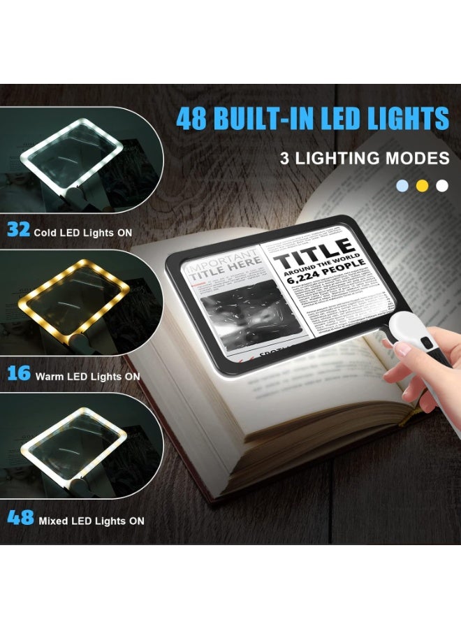 7.3 * 4.4" Page 5X Magnifying Glass for Reading, Large Folding Lighted Magnifier with 48 LED Lights (3Modes), Rectangular Handhold Magnify Lens Gifts for Seniors Reading Books, Prints -Black - Image 2