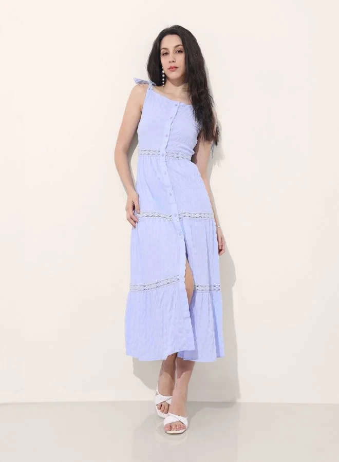 Women Fit and Flared Solid Tie-up Neck Sleeveless Maxi Dress