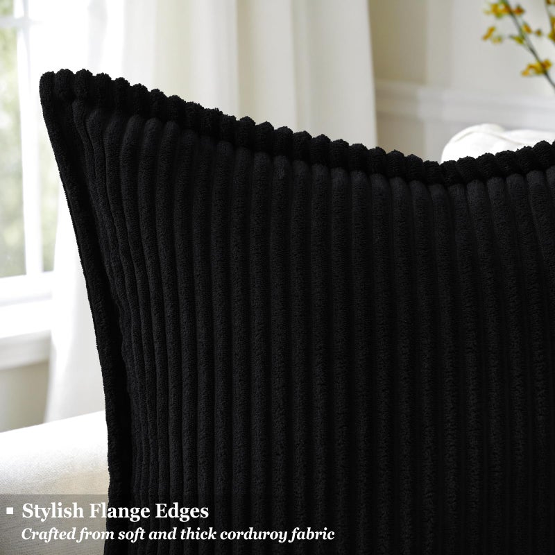 decorUhome Spring Corduroy Black Throw Pillow Covers 18x18 Set of 2 Decorative Soft Boho Farmhouse Couch Pillow Covers for Living Room Bed Sofa Broadside Striped Pillow Cases - Image 2