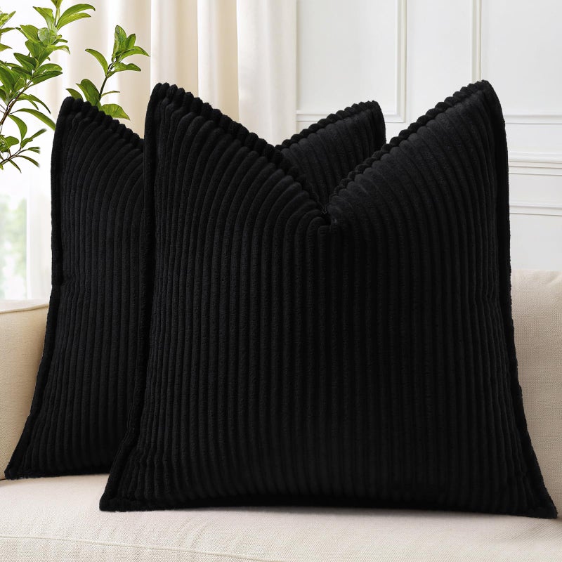 decorUhome Spring Corduroy Black Throw Pillow Covers 18x18 Set of 2 Decorative Soft Boho Farmhouse Couch Pillow Covers for Living Room Bed Sofa Broadside Striped Pillow Cases - Image 1