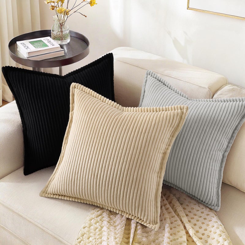 decorUhome Spring Corduroy Black Throw Pillow Covers 18x18 Set of 2 Decorative Soft Boho Farmhouse Couch Pillow Covers for Living Room Bed Sofa Broadside Striped Pillow Cases - Image 5