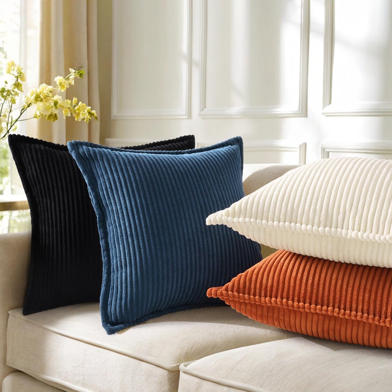 decorUhome Spring Corduroy Black Throw Pillow Covers 18x18 Set of 2 Decorative Soft Boho Farmhouse Couch Pillow Covers for Living Room Bed Sofa Broadside Striped Pillow Cases - Image 4