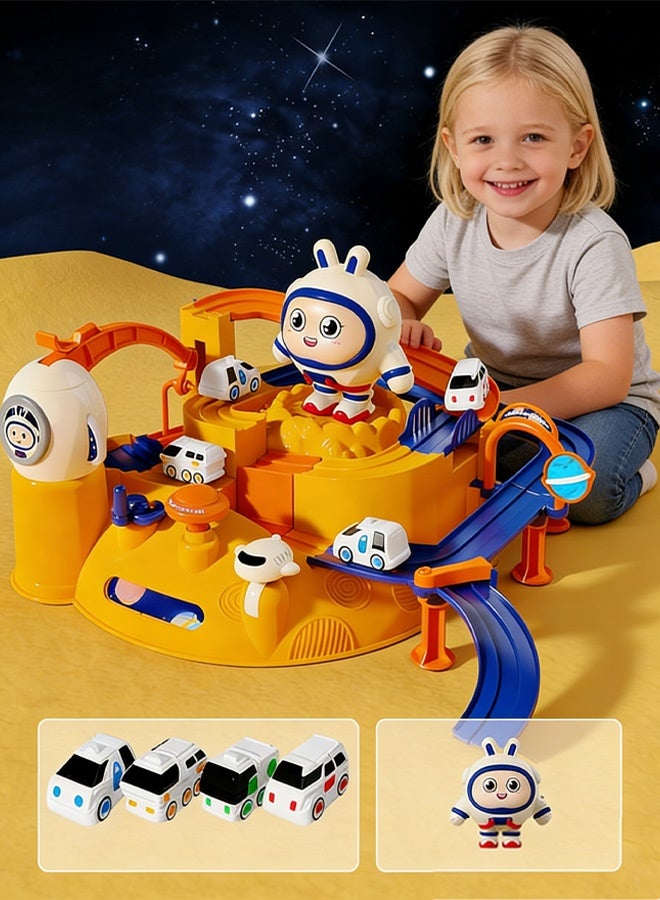لعبة سباق مغامرات الفضاء للأطفال مع سيارتين ورائد فضاء، مجموعة لعب سيارات للأطفال الصغار مع ممر تفاعلي للتعرف على الألوان - هدية تعليمية للأولاد والبنات من عمر 3 سنوات فما فوق (أصفر) - Image 1