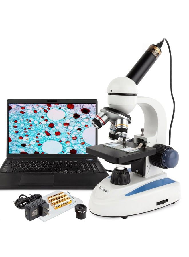 AmScope 40X-1000X LED Cordless All-Metal Framework Full-Glass Optical Lens Student Compound Microscope with Coarse & Fine Focusing + Digital Camera USB Imager - Image 1