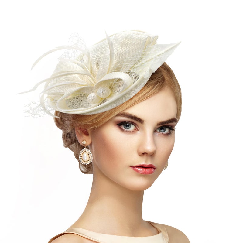 Zinniday Tea Party Hat for Women - 2026 Derby Fascinator with Detachable Headband (7.87 â€œx5.9â€ / Head Circumference 21.5â€œ-23.5â€) - Lightweight Feather & Polyester Beige - Image 1