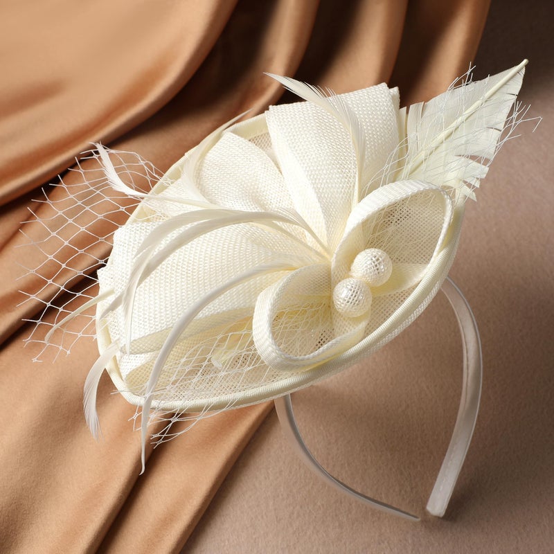 Zinniday Tea Party Hat for Women - 2026 Derby Fascinator with Detachable Headband (7.87 â€œx5.9â€ / Head Circumference 21.5â€œ-23.5â€) - Lightweight Feather & Polyester Beige - Image 5