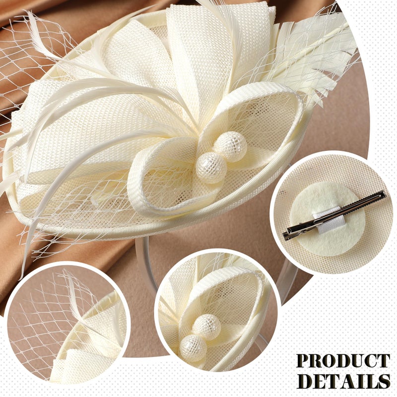 Zinniday Tea Party Hat for Women - 2026 Derby Fascinator with Detachable Headband (7.87 â€œx5.9â€ / Head Circumference 21.5â€œ-23.5â€) - Lightweight Feather & Polyester Beige - Image 3