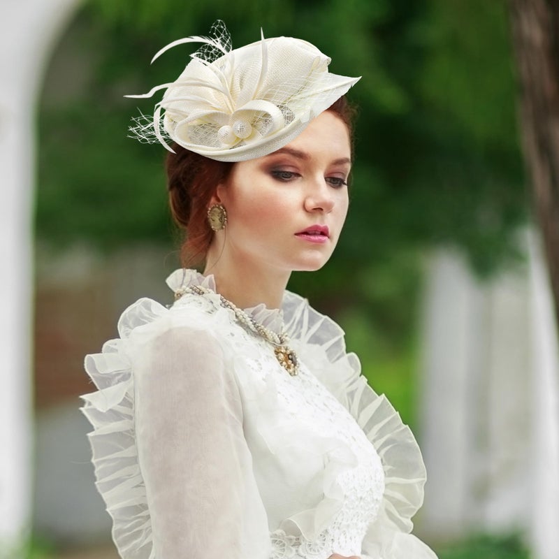 Zinniday Tea Party Hat for Women - 2026 Derby Fascinator with Detachable Headband (7.87 â€œx5.9â€ / Head Circumference 21.5â€œ-23.5â€) - Lightweight Feather & Polyester Beige - Image 4