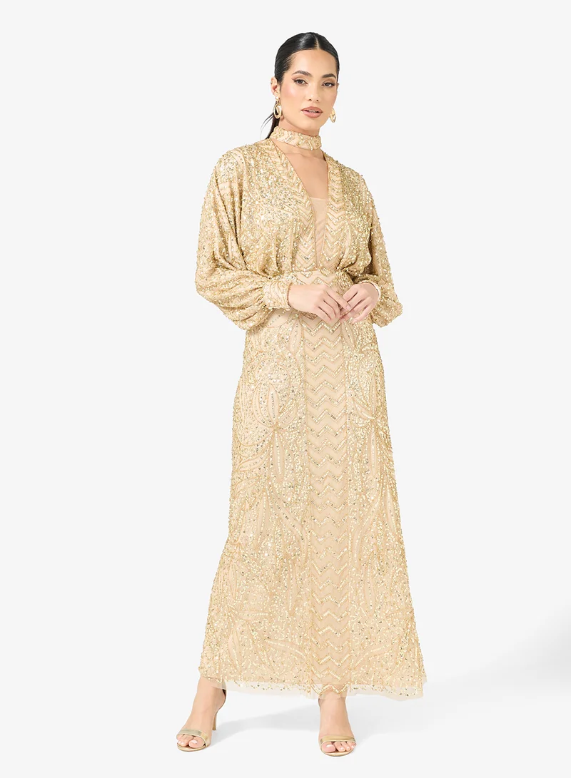 BEAUUT Embellished Sequin Cuff Sleeve Maxi Dress