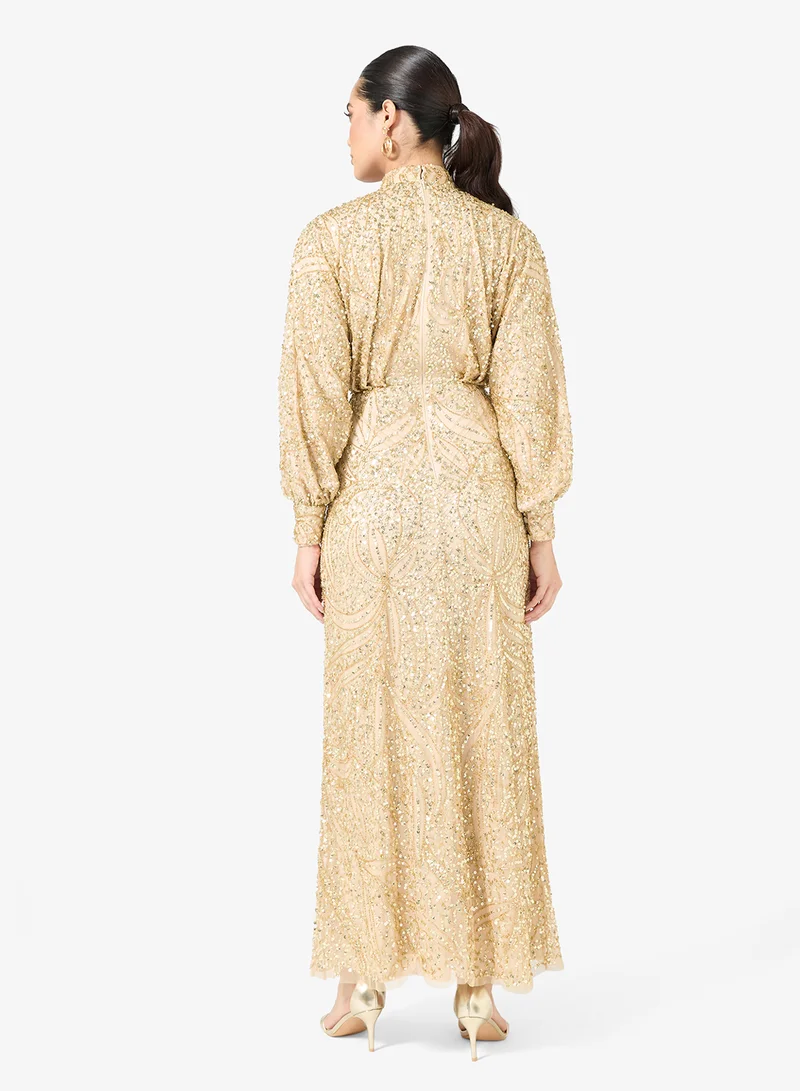 BEAUUT Embellished Sequin Cuff Sleeve Maxi Dress