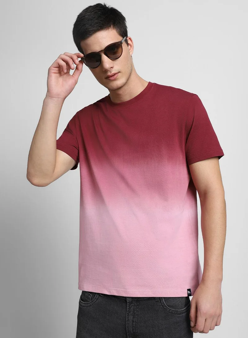 دينيس لينغو Red Slim Fit Dyed Crew Neck T-shirt for Men - 100% Cotton, Half Sleeves, Casual,