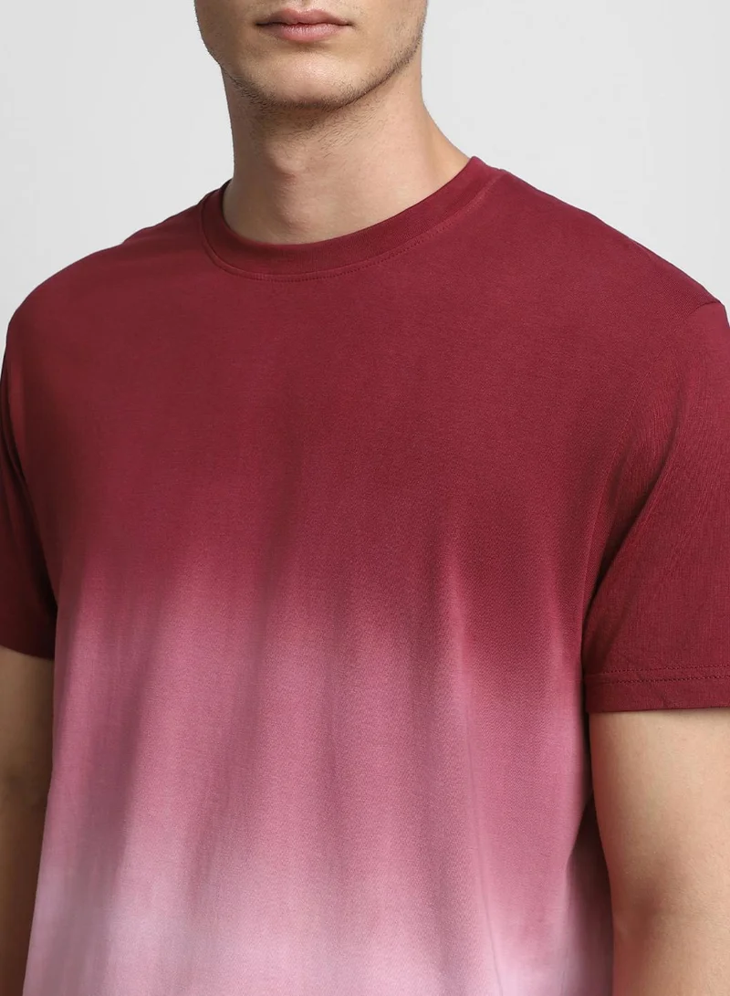 دينيس لينغو Red Slim Fit Dyed Crew Neck T-shirt for Men - 100% Cotton, Half Sleeves, Casual,